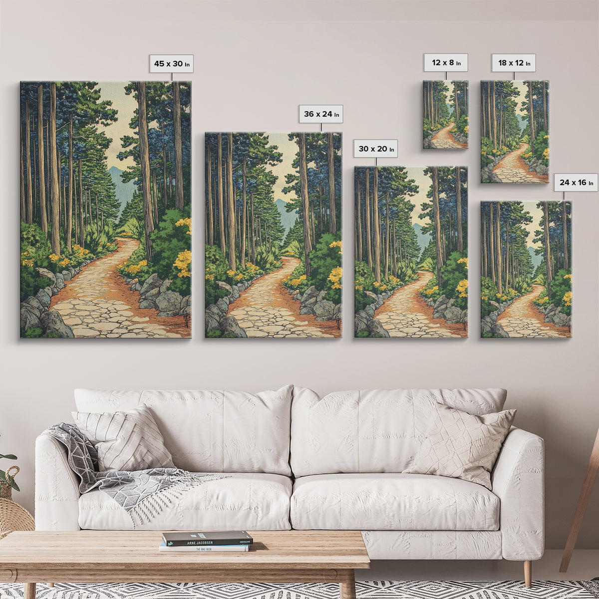 Pine Forest Path With Yellow Flowers Wall Art, Nature Landscape Print, Cabin Decor, Peaceful Framed Canvas Print, Living Room Decor