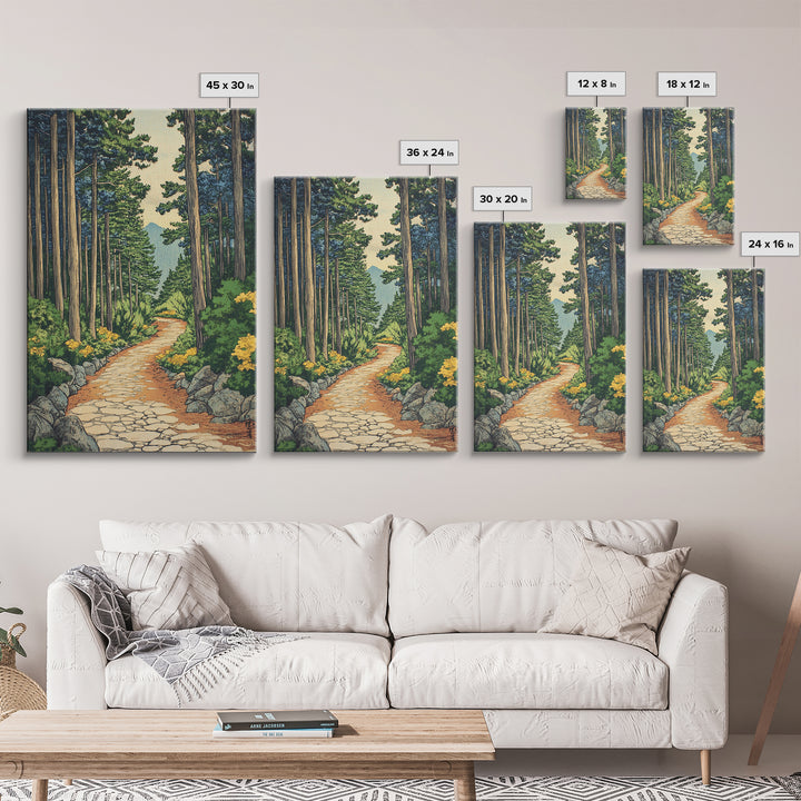 Pine Forest Path With Yellow Flowers Wall Art, Nature Landscape Print, Cabin Decor, Peaceful Framed Canvas Print, Living Room Decor