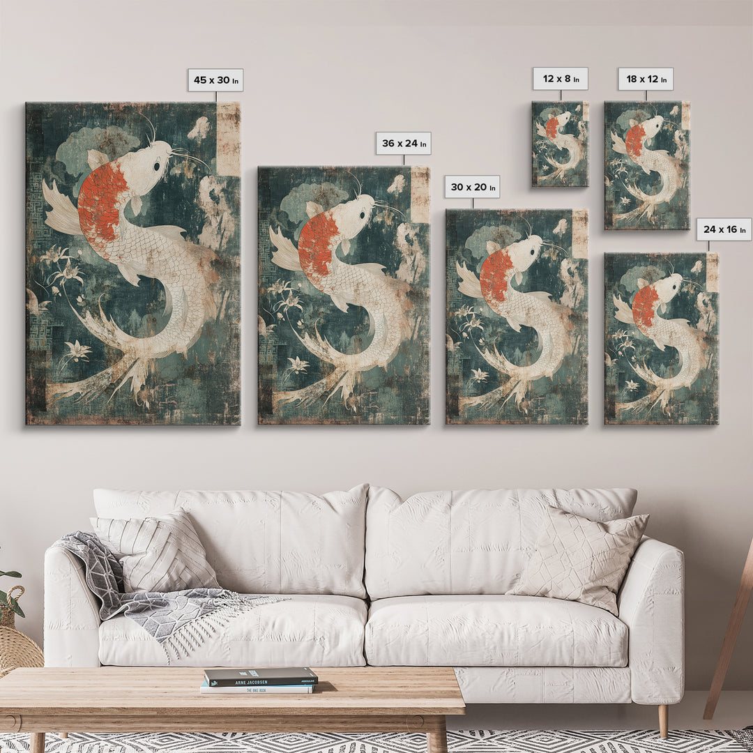 White And Orange Koi Fish Framed Canvas Print, Japanese Wall Art, Zen Home Decor, Asian Inspired Living Room Decor, Koi Wall Decor