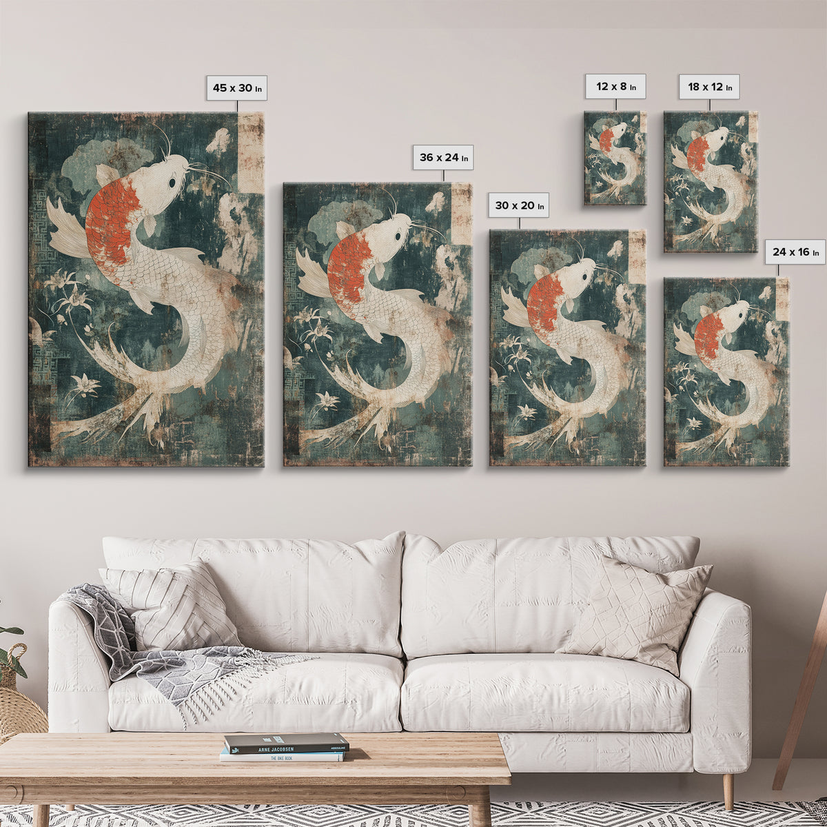 White And Orange Koi Fish Framed Canvas Print, Japanese Wall Art, Zen Home Decor, Asian Inspired Living Room Decor, Koi Wall Decor