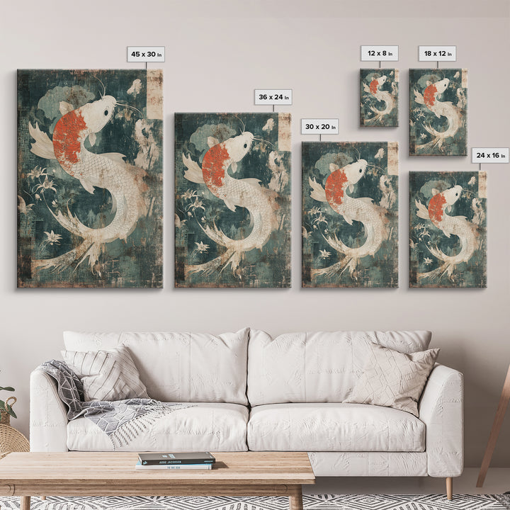 White And Orange Koi Fish Framed Canvas Print, Japanese Wall Art, Zen Home Decor, Asian Inspired Living Room Decor, Koi Wall Decor