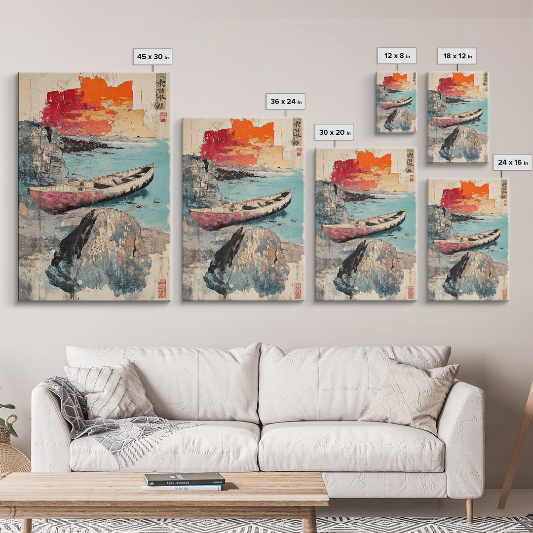 Weathered Canoe And Sea Cliffs Wall Art, Japanese Coastal Print, Ocean Landscape Decor, Nautical Living Room Wall Art, Home Decor