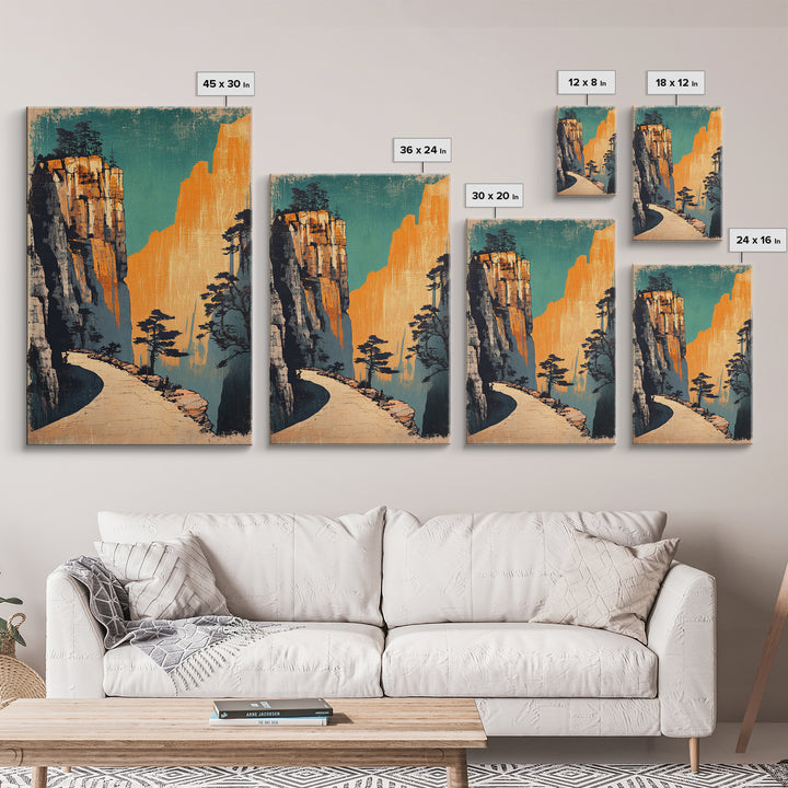 Golden Mountain Path Framed Canvas Print, Japanese Landscape Wall Art, Japandi Decor, Nature Wall Art, Entryway Wall Decor