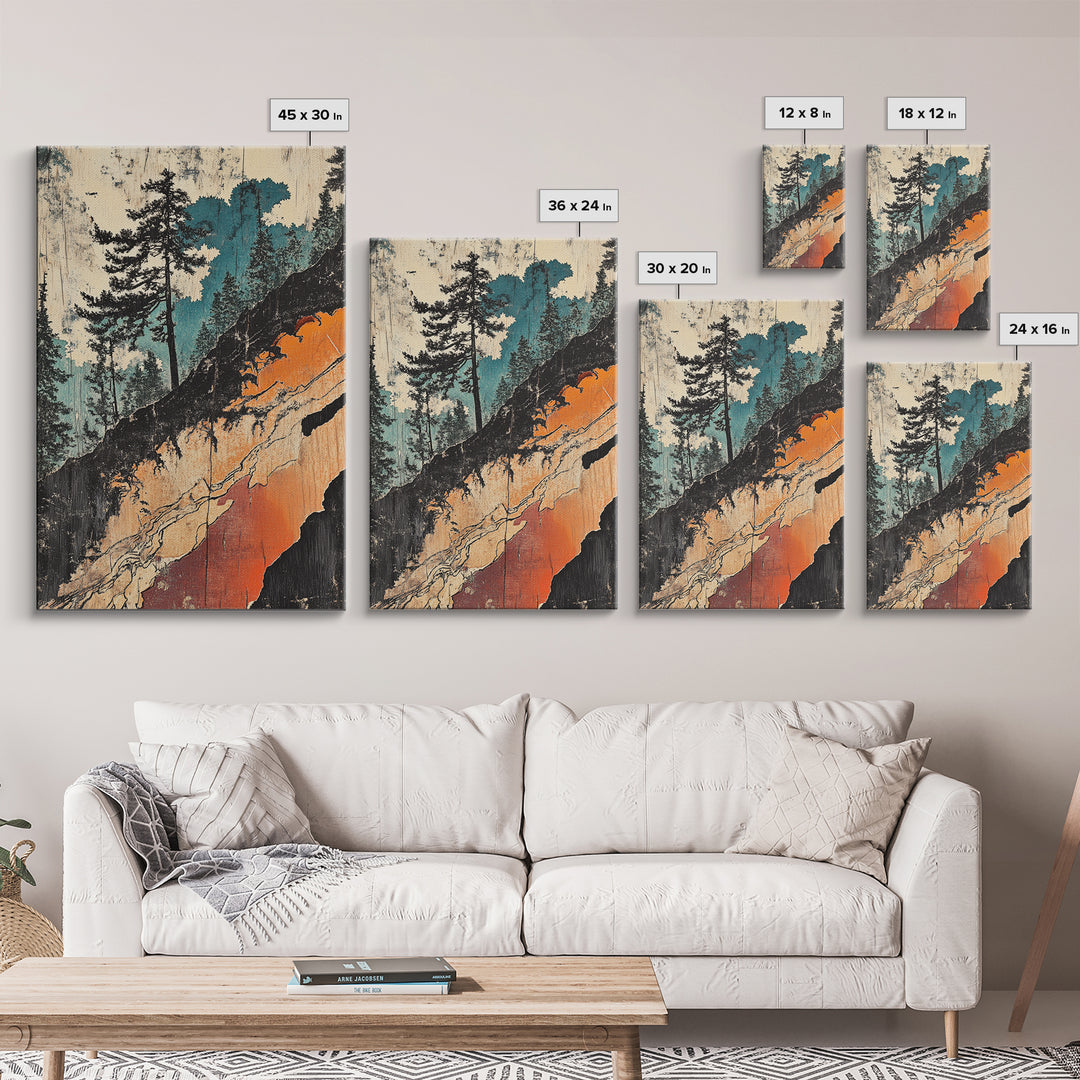 Teal Forest Cliff Abstract Landscape Wall Art, Japanese Woodblock Canvas Print, Rustic Nature Decor, Modern Living Room Decor