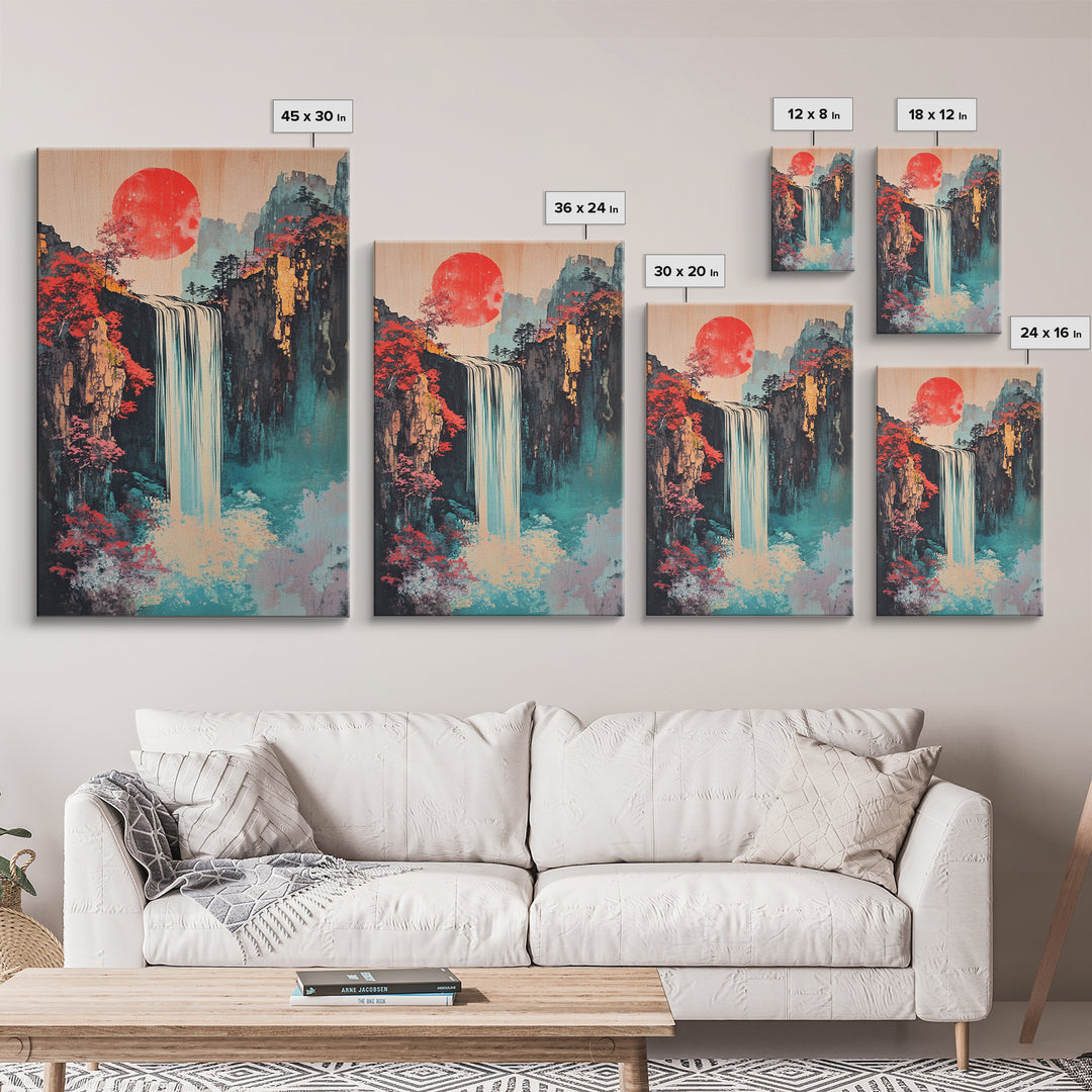Red Sun Waterfall Mountain Landscape Wall Art, Japanese Woodblock Print Style, Teal Coastal Decor, Zen Living Room Art Print