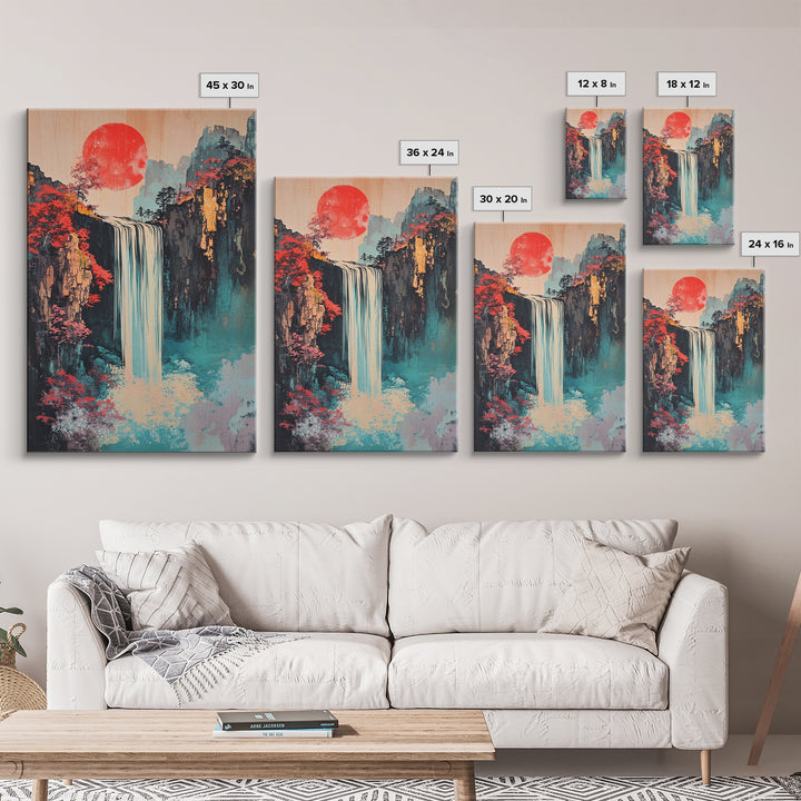 Red Sun Waterfall Mountain Landscape Wall Art, Japanese Woodblock Print Style, Teal Coastal Decor, Zen Living Room Art Print