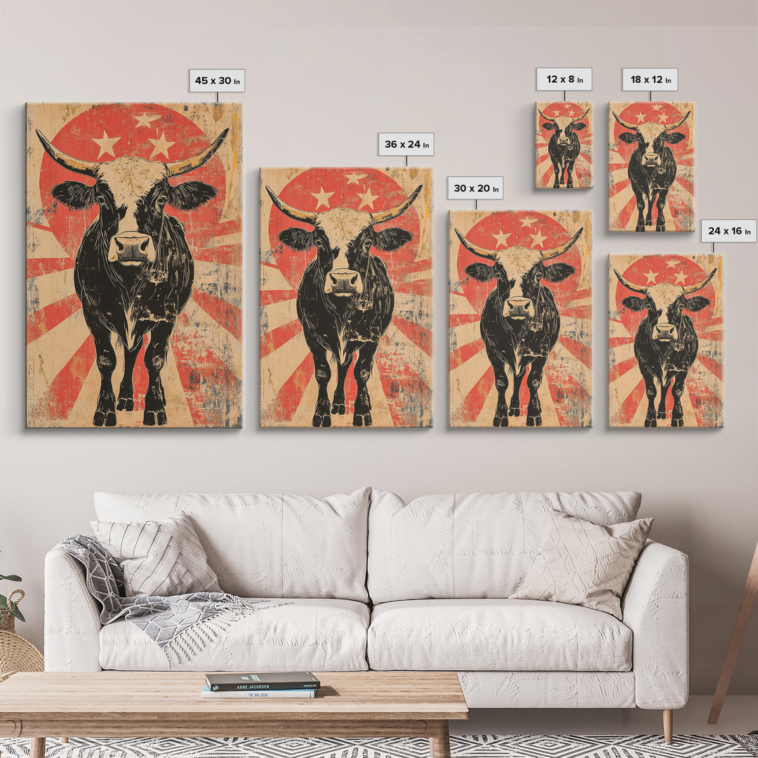 Black Longhorn Bull Retro Western Wall Art, Rustic Farmhouse Cowboy Canvas Print, Bold Animal Print, Man Cave Home Decor, Gift For Him