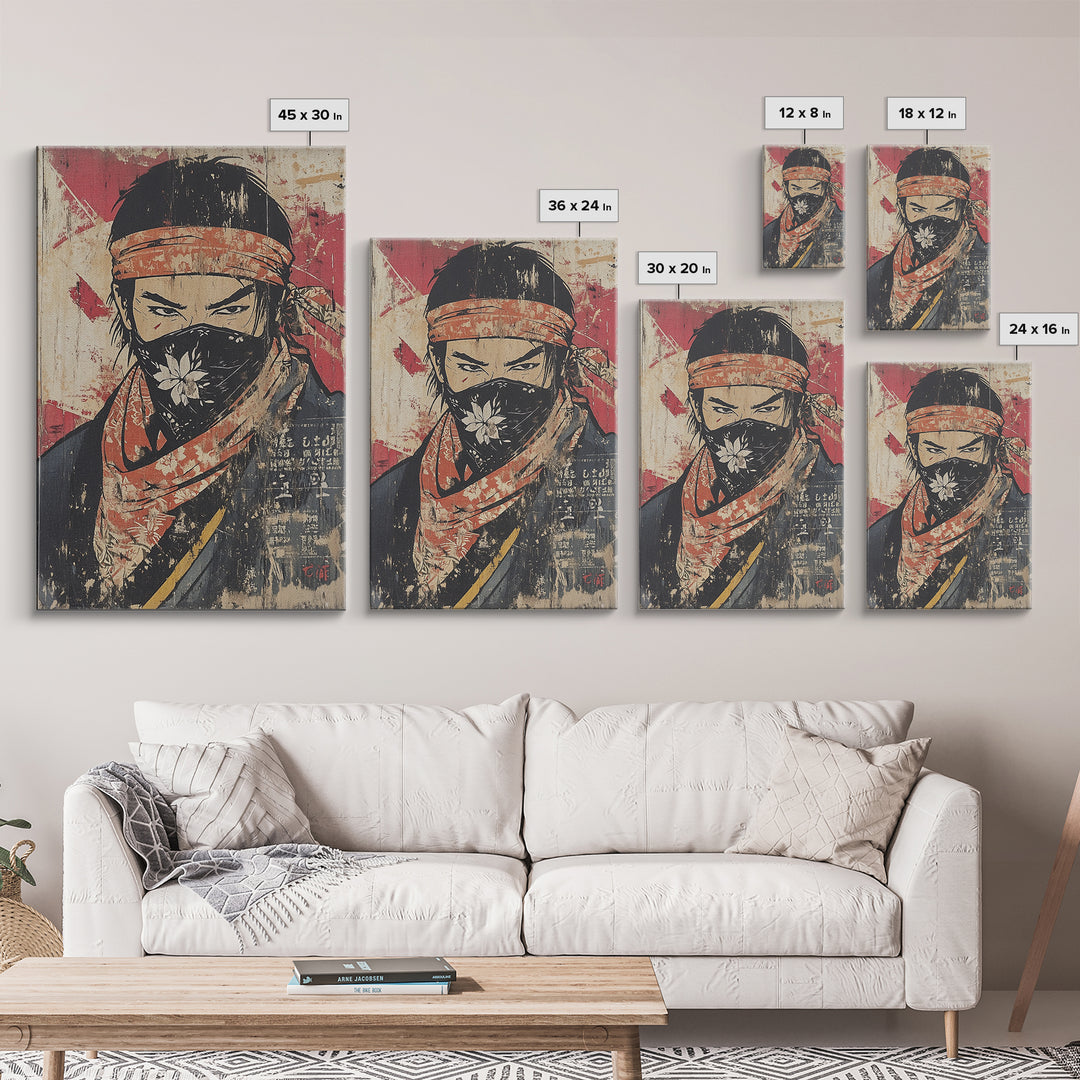 Masked Samurai Warrior Portrait Wall Art, Japanese Ink Style Canvas Print, Dark Academia Decor, Bold Asian Wall Decor, Gift For Him
