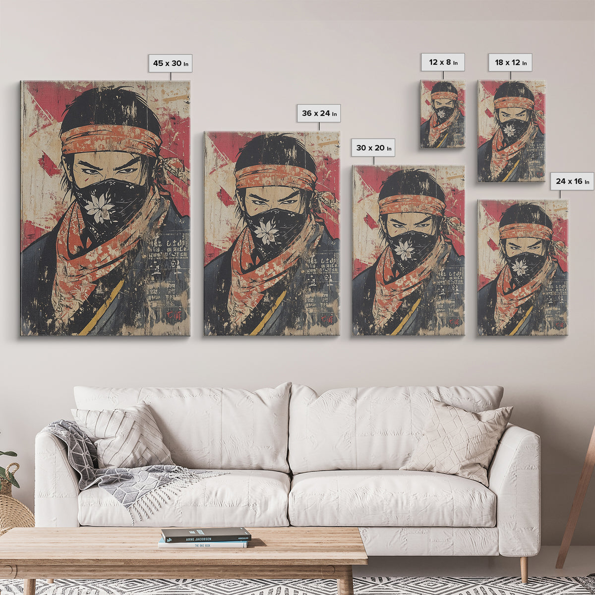 Masked Samurai Warrior Portrait Wall Art, Japanese Ink Style Canvas Print, Dark Academia Decor, Bold Asian Wall Decor, Gift For Him