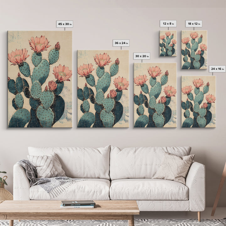 Blooming Prickly Pear Cactus Wall Art, Southwestern Botanical Canvas Print, Pink Floral Desert Decor, Boho Home Decor, Gift For Her