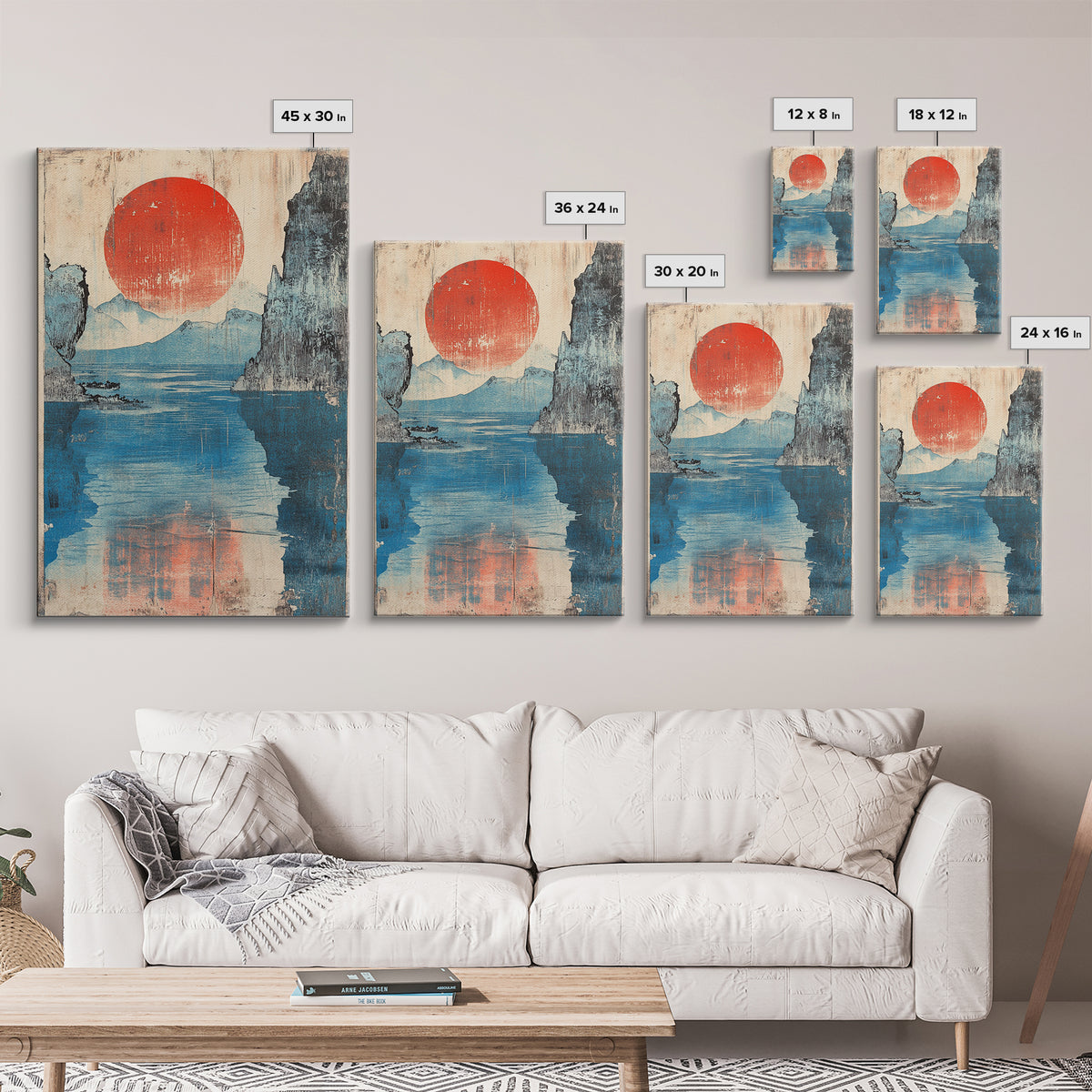 Red Sun Blue Mountain Lake Wall Art, Japanese Woodblock Style Canvas Print, Calm Coastal Landscape Decor For Living Room