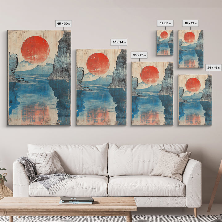 Red Sun Blue Mountain Lake Wall Art, Japanese Woodblock Style Canvas Print, Calm Coastal Landscape Decor For Living Room