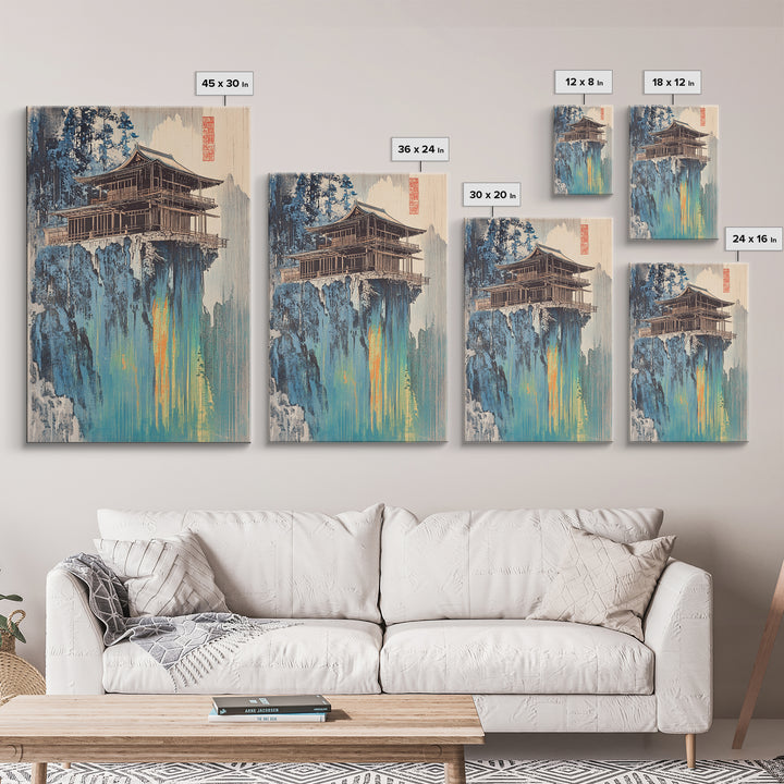 Cliffside Pagoda Temple Wall Art, Asian Mountain Landscape Canvas Print, Japandi Zen Decor, Statement Artwork For Home Decor
