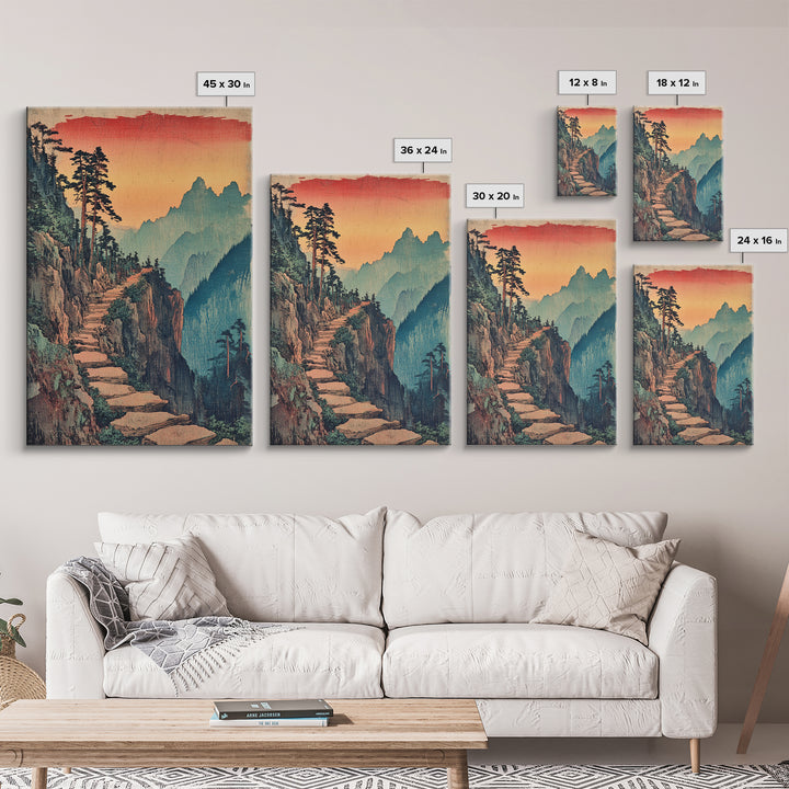 Sunset Mountain Path Pine Forest Wall Art, Japanese Woodblock Landscape Canvas Print, Rustic Nature Decor For Living Room