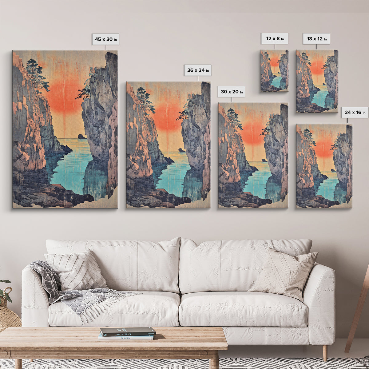 Sunset Sea Canyon Between Cliffs Framed Canvas Print, Japanese Wall Art, Coastal Landscape Poster, Ocean Decor Gift For Her