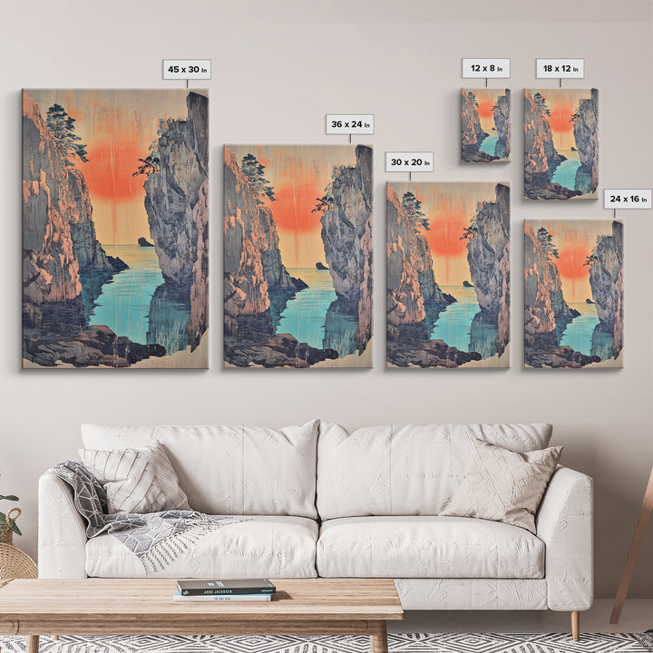 Sunset Sea Canyon Between Cliffs Framed Canvas Print, Japanese Wall Art, Coastal Landscape Poster, Ocean Decor Gift For Her