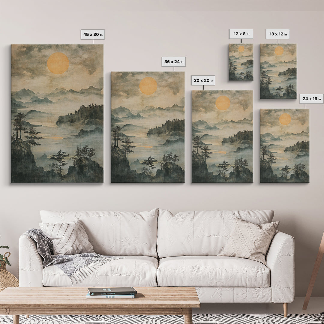 Misty Mountain Lake With Golden Sun Wall Art, Japanese Landscape Canvas Print, Serene Forest Decor, Japandi Home Decor Gift