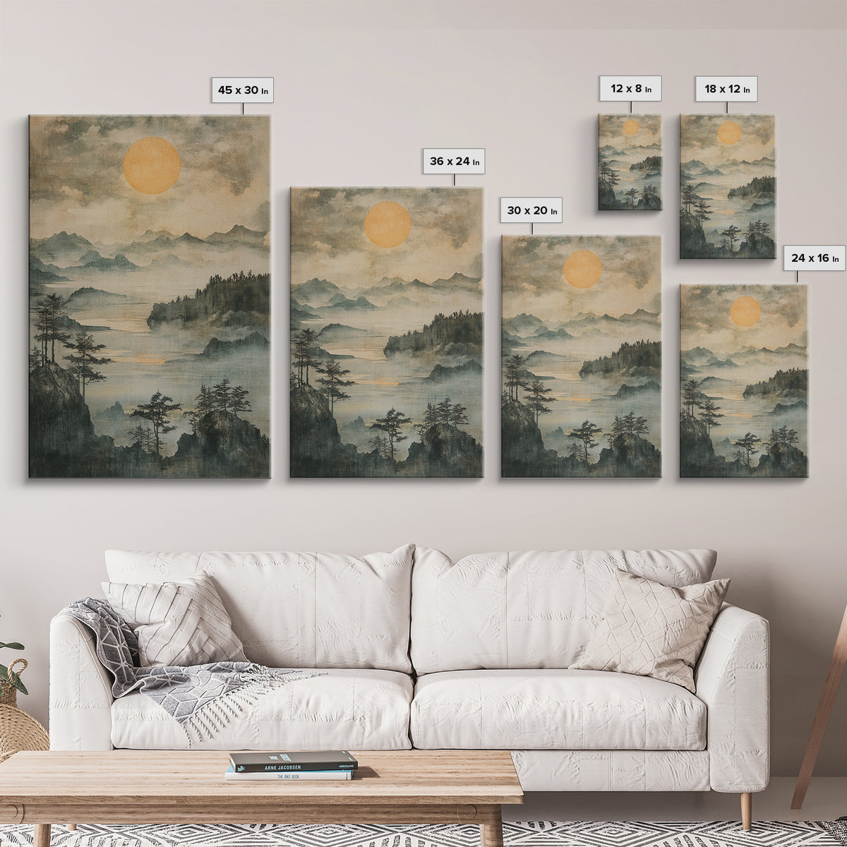 Misty Mountain Lake With Golden Sun Wall Art, Japanese Landscape Canvas Print, Serene Forest Decor, Japandi Home Decor Gift