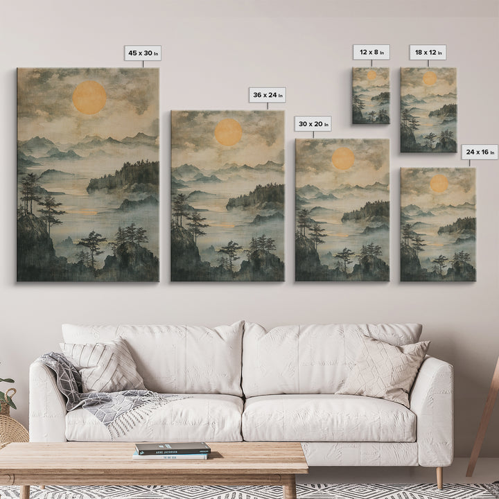 Misty Mountain Lake With Golden Sun Wall Art, Japanese Landscape Canvas Print, Serene Forest Decor, Japandi Home Decor Gift