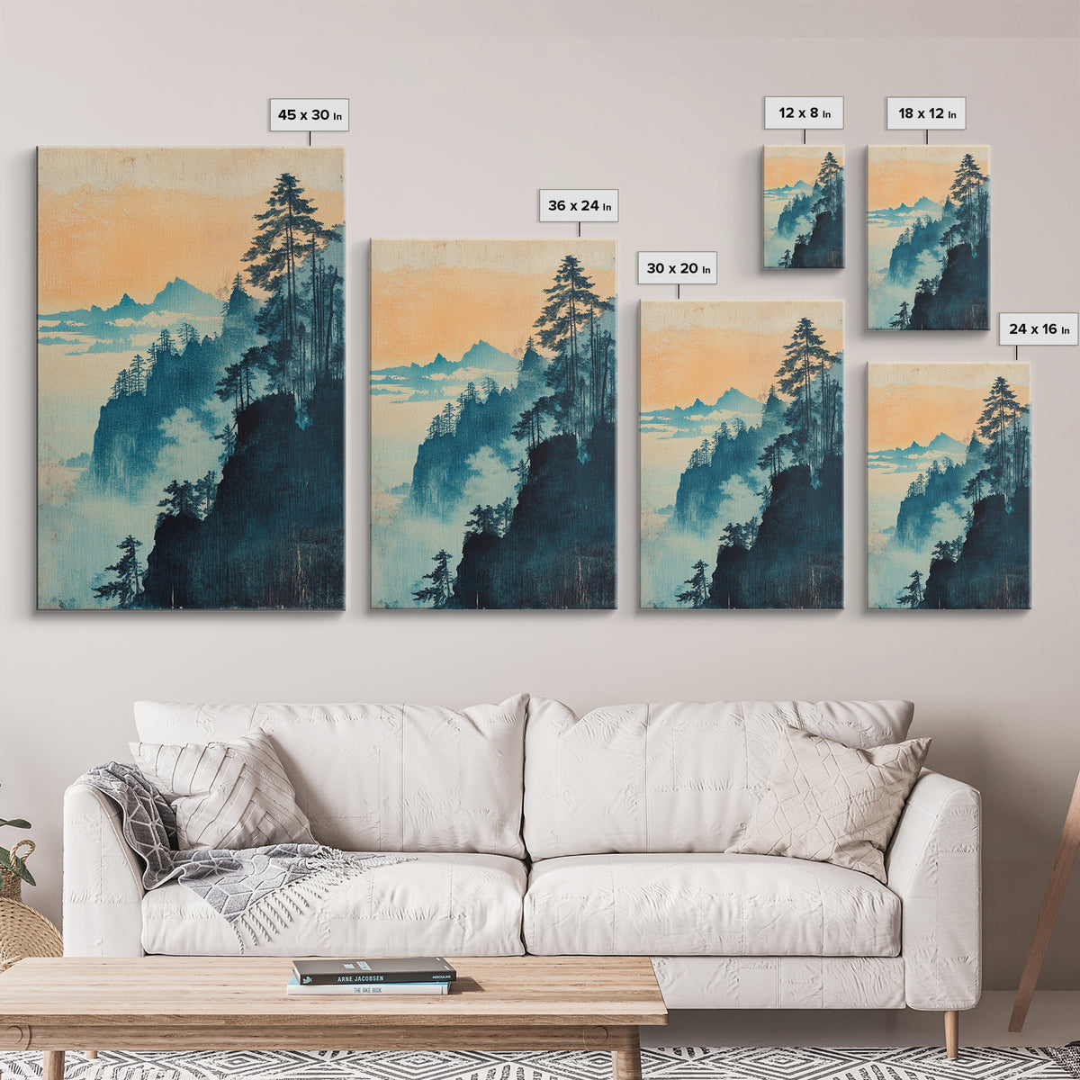 Blue Mist Forested Cliffs At Dawn Canvas Print, Japanese Landscape Wall Art, Nature Wall Decor, Serene Coastal Home Decor