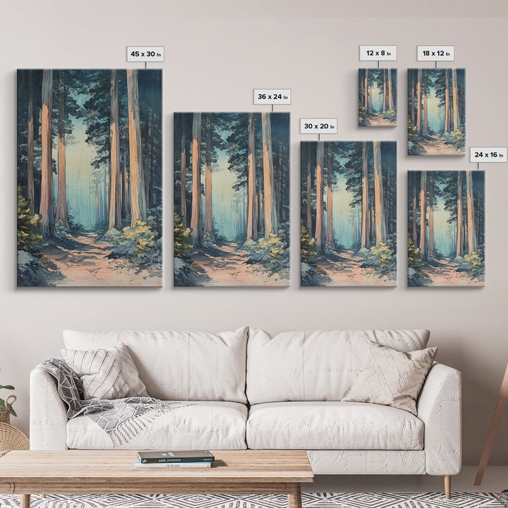 Misty Redwood Forest Path Wall Art, Tall Tree Nature Print, Moody Woodland Decor, Japandi Living Room Canvas Print For Entryway