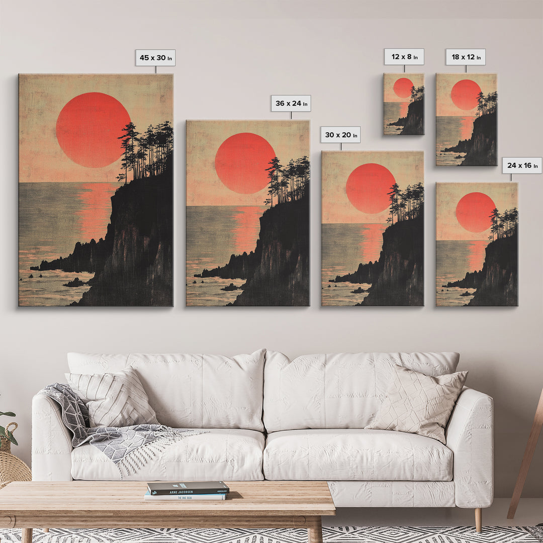 Crimson Sun Over Ocean Cliffs Wall Art, Japanese Coastal Poster, Moody Seascape Decor, Large Framed Canvas Print For Living Room