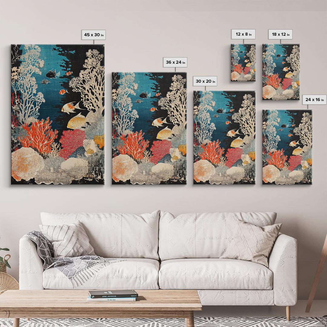 Vibrant Coral Reef Fish Wall Art, Underwater Ocean Life Print, Tropical Coastal Decor, Marine Life Framed Canvas Print For Bath