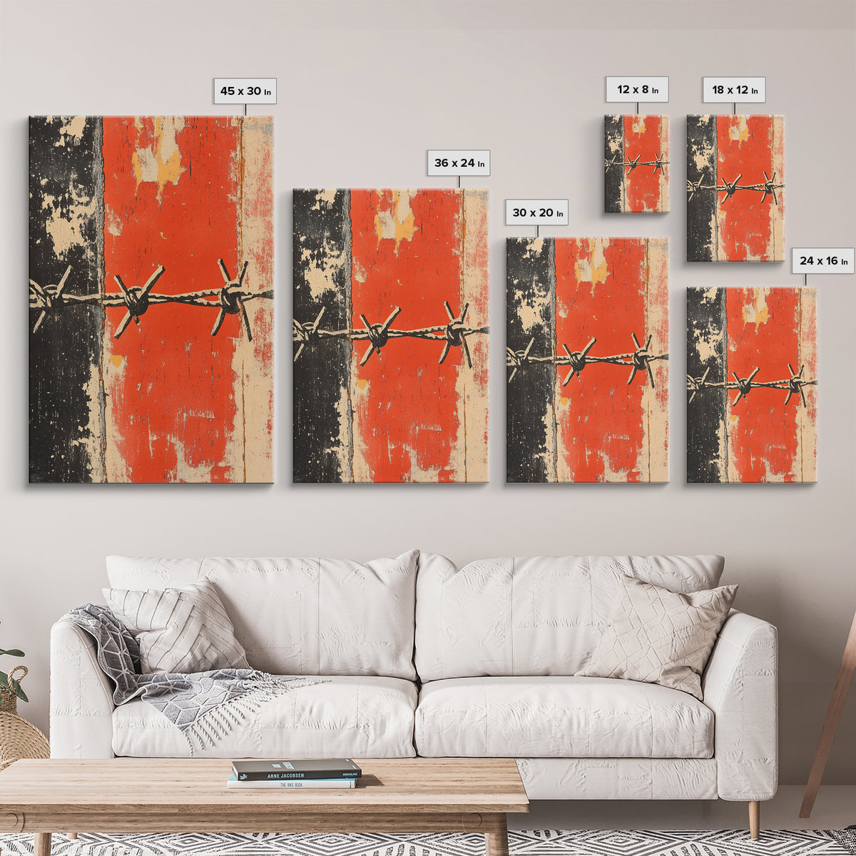 Distressed Barbed Wire On Red Black Wall Art, Industrial Abstract Poster, Edgy Rustic Decor, Modern Canvas Print For Man Cave