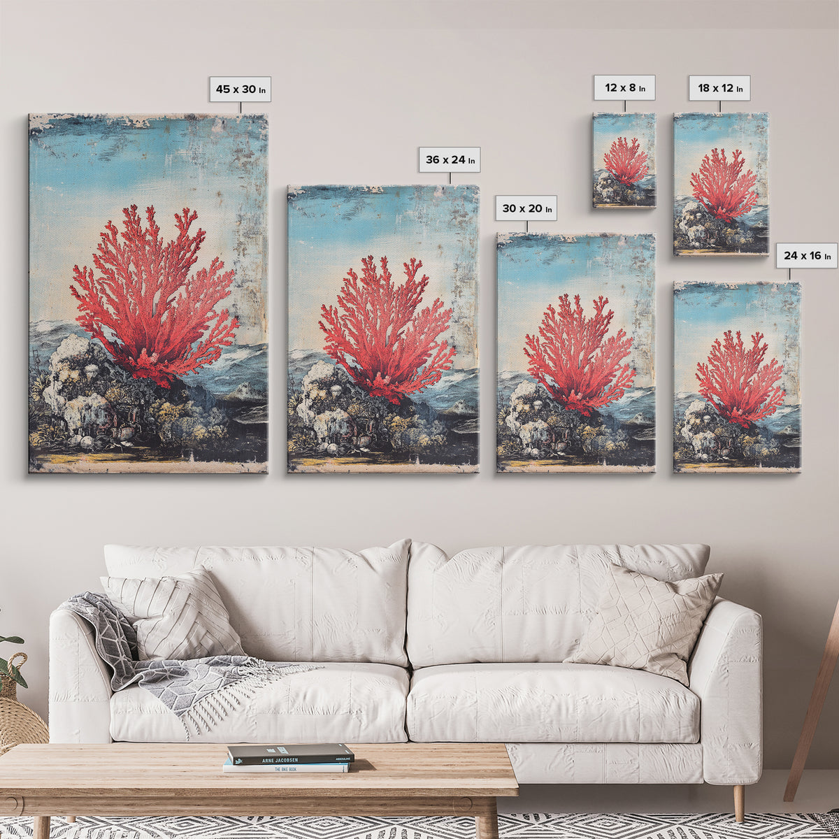 Red Sea Fan Coral On Rocks Wall Art, Coastal Ocean Botanical Print, Nautical Beach House Decor, Framed Canvas Print Gift