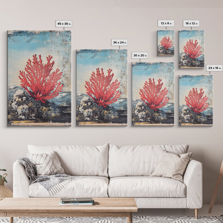 Red Sea Fan Coral On Rocks Wall Art, Coastal Ocean Botanical Print, Nautical Beach House Decor, Framed Canvas Print Gift