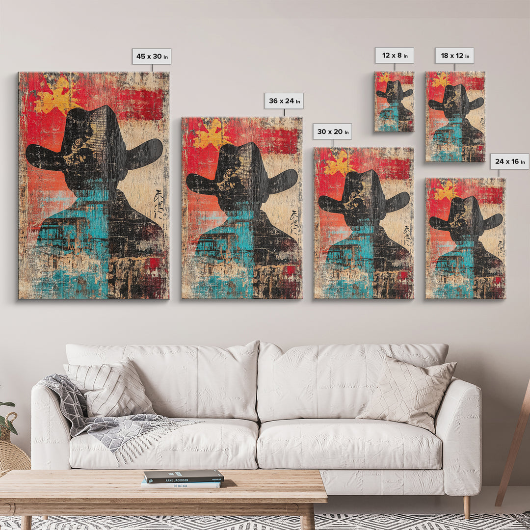Abstract Cowboy Silhouette Wall Art, Western Canvas Print, Bold Red Teal Rustic Decor, Masculine Southwest Living Room Art