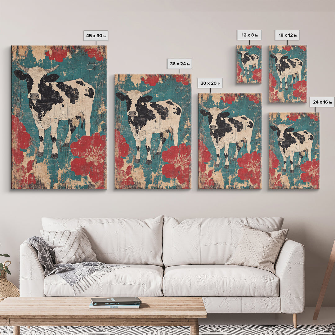 Black And White Cow Wall Art, Floral Farmhouse Canvas Print, Rustic Animal Decor, Teal Red Kitchen Living Room Art, Home Decor