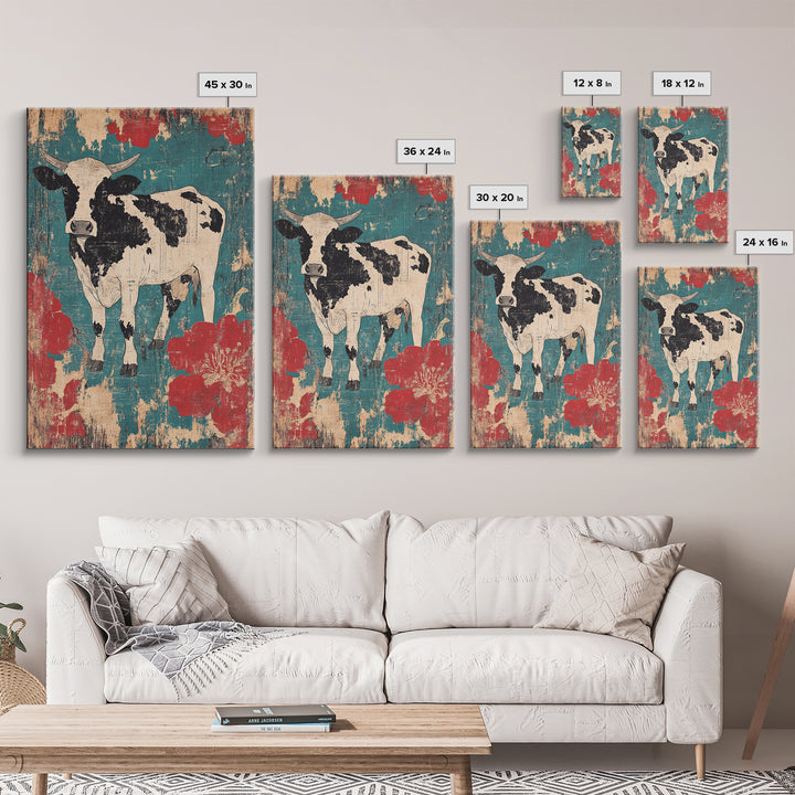 Black And White Cow Wall Art, Floral Farmhouse Canvas Print, Rustic Animal Decor, Teal Red Kitchen Living Room Art, Home Decor