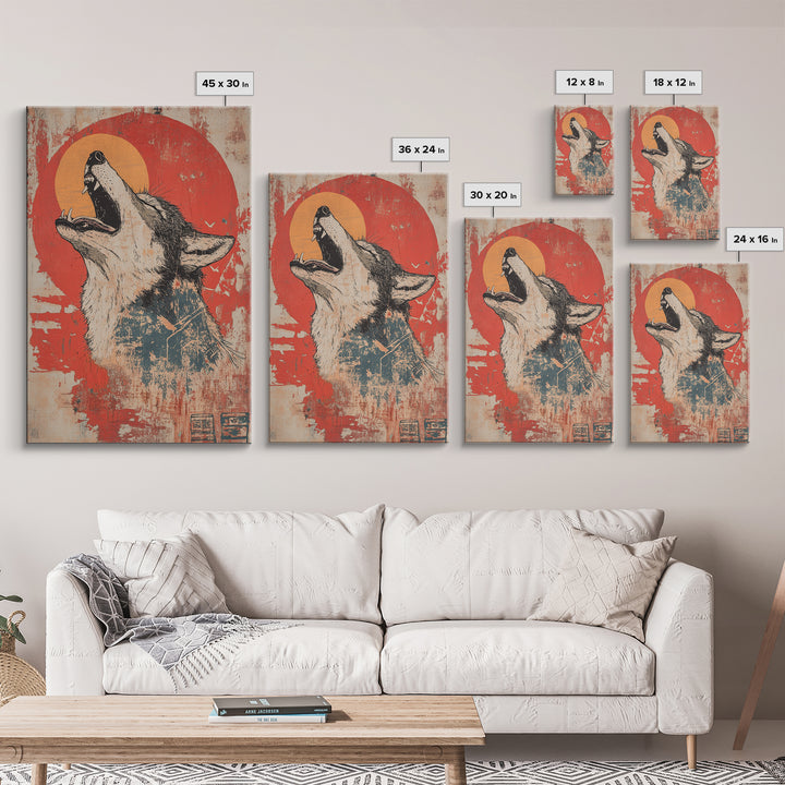 Howling Wolf Red Sun Wall Art, Rustic Wildlife Canvas Print, Southwestern Animal Decor, Moody Cabin Living Room Art Print