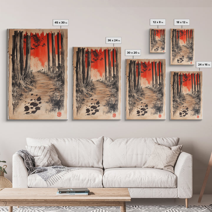 Red Sky Forest Path Wall Art, Japanese Landscape Canvas Print, Moody Woodland Decor, Nature Art For Cabin Or Office Decor