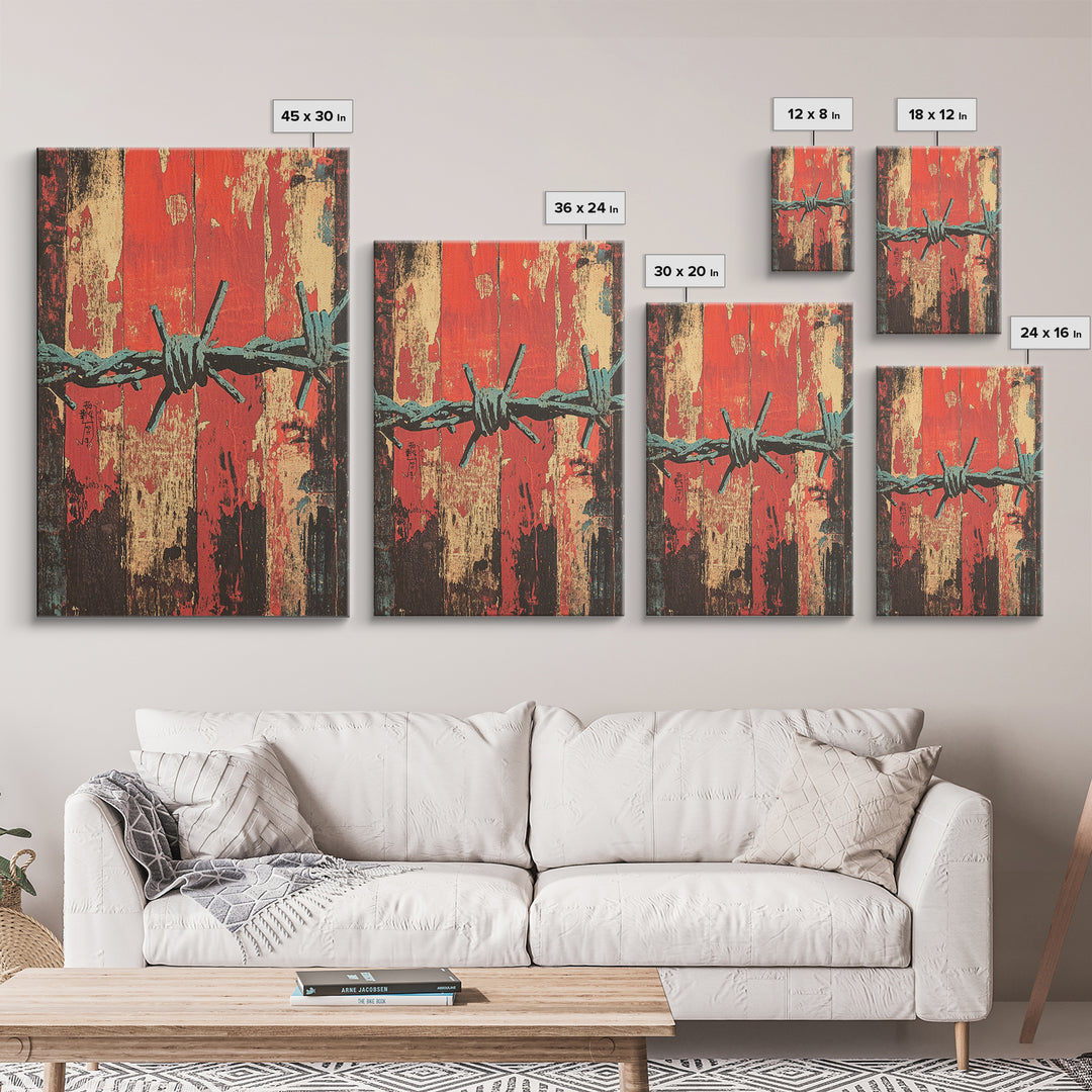 Barbed Wire Abstract Wall Art, Grunge Western Canvas Print, Red Teal Industrial Decor, Bold Rustic Statement Art For Office Decor