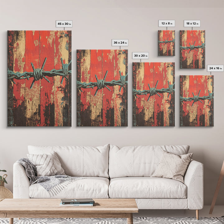 Barbed Wire Abstract Wall Art, Grunge Western Canvas Print, Red Teal Industrial Decor, Bold Rustic Statement Art For Office Decor