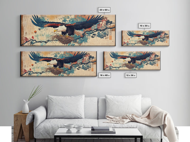 Soaring Eagle With Nest Japanese Inspired Wall Art, Panoramic Canvas Print, Asian Decor, Nature Wall Decor, Gift For Bird Lover