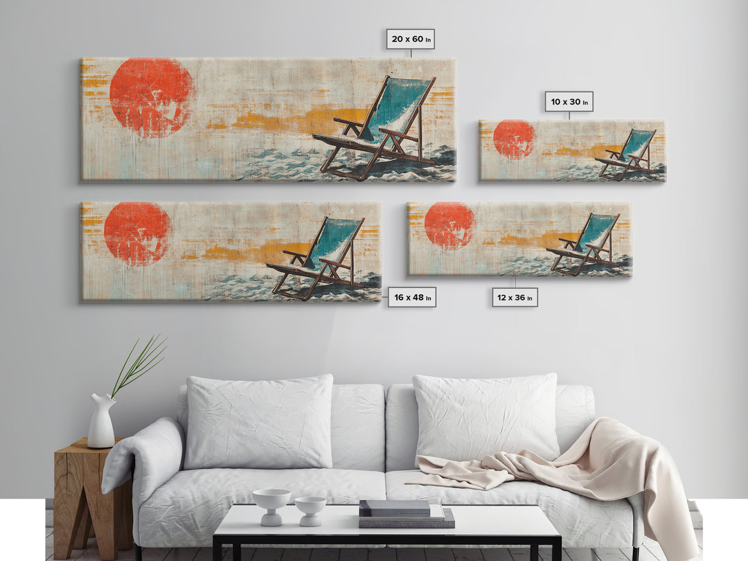 Red Sun Beach Chair Coastal Wall Art, Panoramic Canvas Print, Beach House Decor, Ocean Wall Decor, Summer Living Room Art