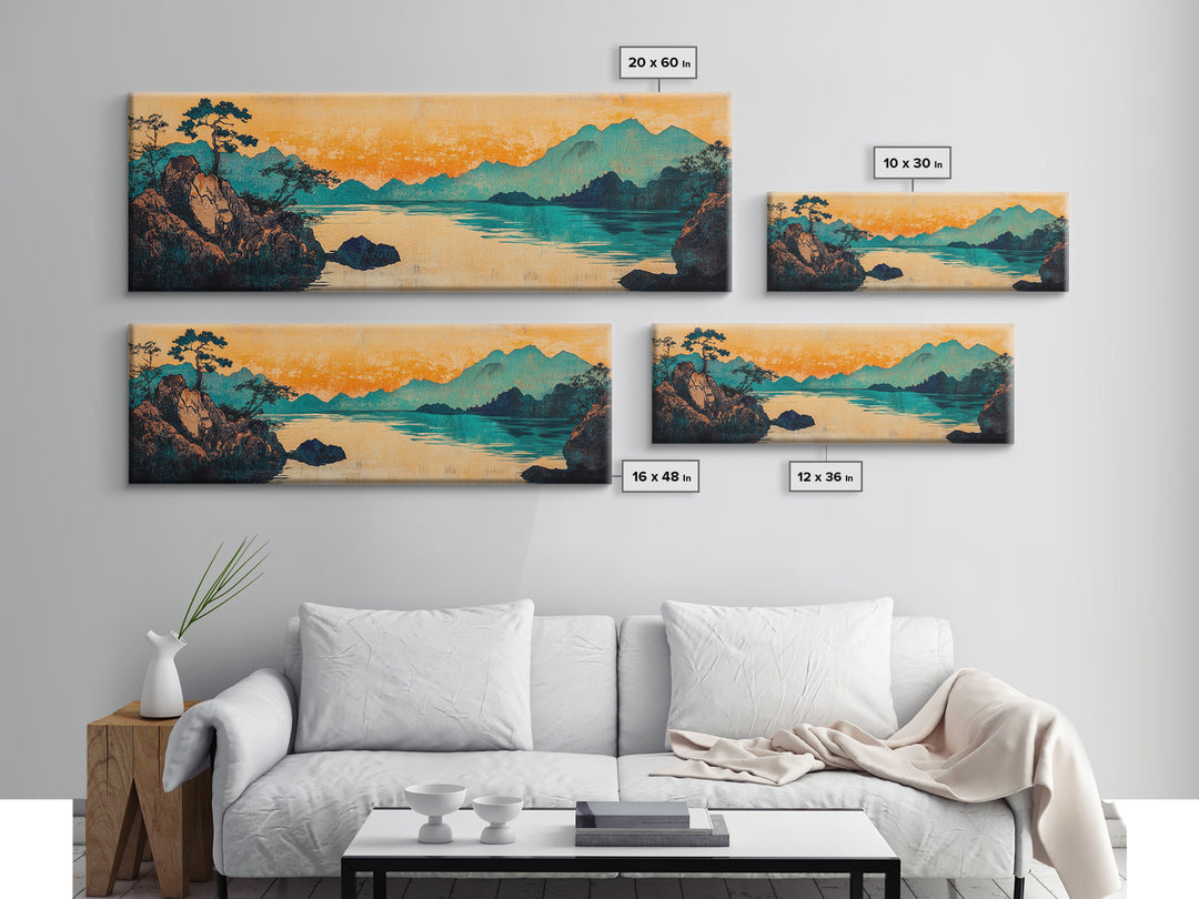 Teal Mountain Lake Japanese Landscape Wall Art, Panoramic Canvas Print, Asian Inspired Decor, Serene Living Room Decor, Housewarming Gift