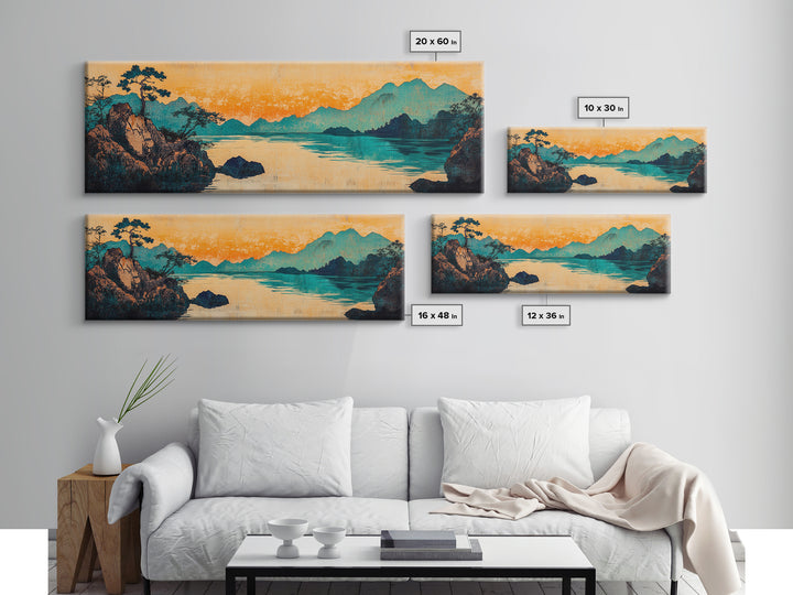 Teal Mountain Lake Japanese Landscape Wall Art, Panoramic Canvas Print, Asian Inspired Decor, Serene Living Room Decor, Housewarming Gift