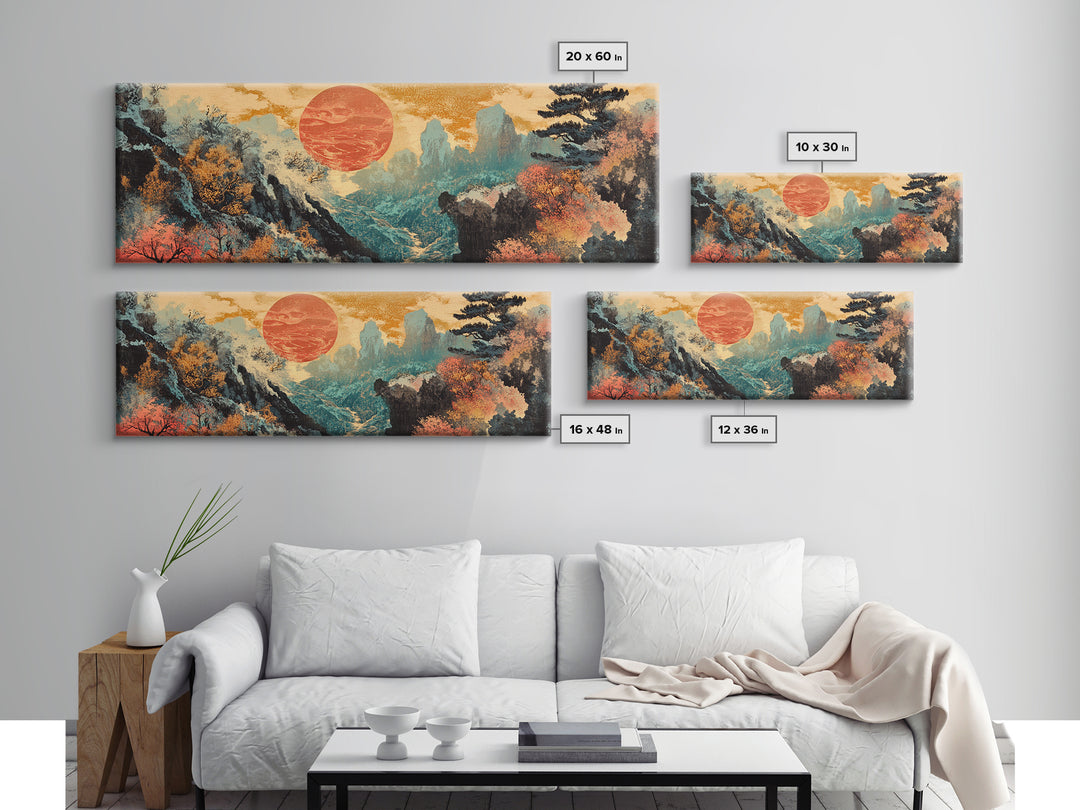 Red Sun Autumn Mountains Japanese Wall Art, Framed Canvas Print, Panoramic Landscape, Japandi Decor, Large Living Room Art