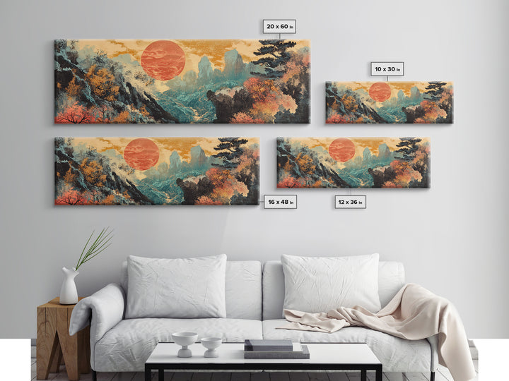 Red Sun Autumn Mountains Japanese Wall Art, Framed Canvas Print, Panoramic Landscape, Japandi Decor, Large Living Room Art
