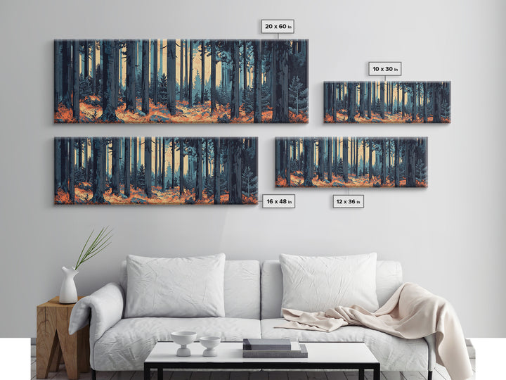 Blue Pine Forest With Orange Leaves Wall Art, Long Horizontal Canvas Print, Woodland Nature Decor, Moody Living Room Art