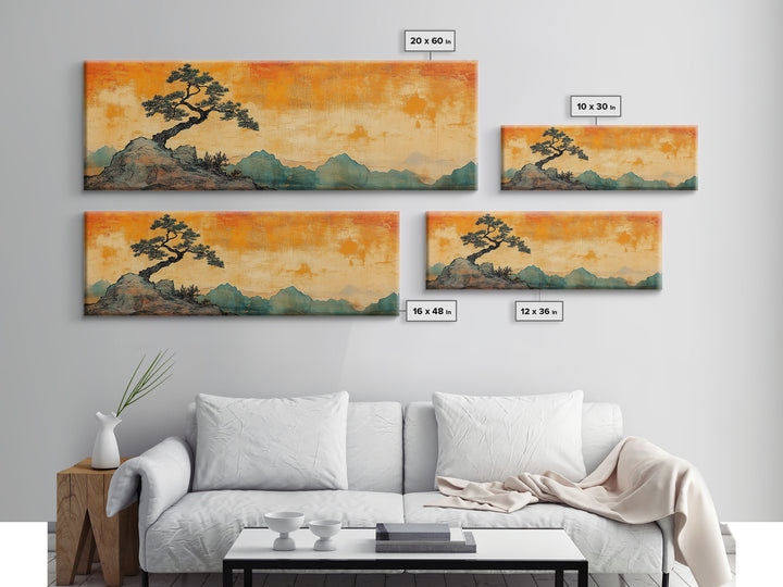 Lone Windblown Pine Orange Mountain Wall Art, Panoramic Canvas Print, Japandi Landscape Decor, Asian Inspired Home Decor
