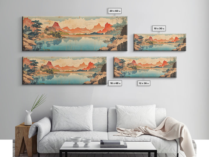 Red Peaks Reflecting In Lake Landscape Wall Art, Wide Horizontal Canvas Print, Japanese Inspired Decor, Large Living Room Art