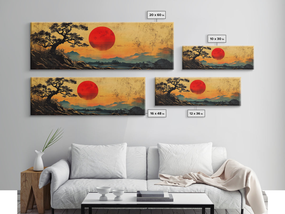 Red Sunset Over Pine Tree Japanese Wall Art, Panoramic Canvas Print, Japandi Landscape Decor, Zen Living Room Wall Art Print