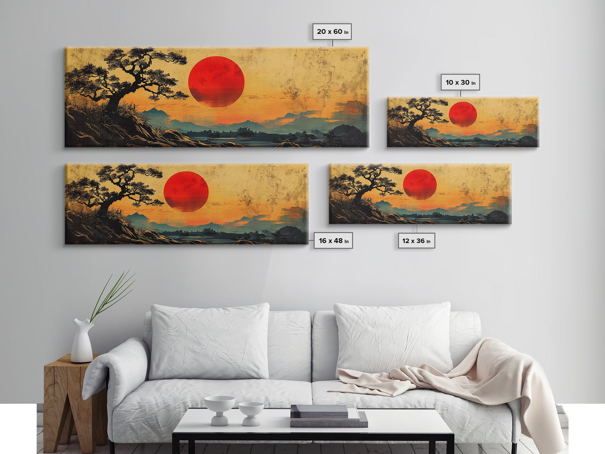 Red Sunset Over Pine Tree Japanese Wall Art, Panoramic Canvas Print, Japandi Landscape Decor, Zen Living Room Wall Art Print