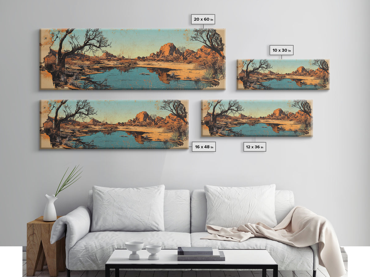 Southwestern Desert Lake Reflection Wall Art, Long Horizontal Canvas Print, Rustic Landscape, Warm Earth Tone Living Room Decor