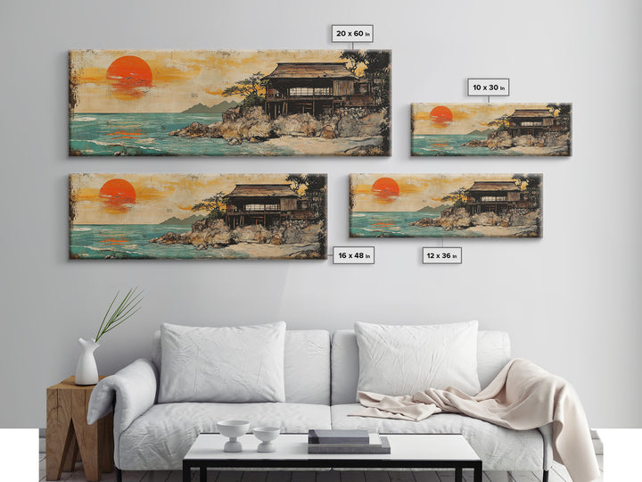 Japanese Seaside House Orange Sunset Wall Art, Framed Canvas Print, Coastal Ocean Landscape, Beach House Living Room Decor
